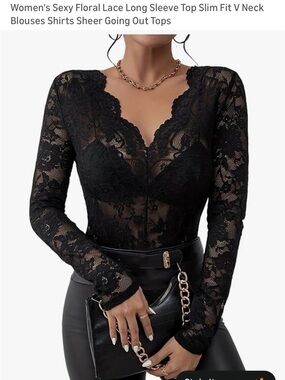 Black Floral Lace V-Neck Long Sleeve Top - Women's Elegant Sheer Blouse